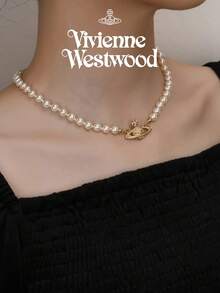 Vivienne Westwood Mini Bas Relief Collection Gorgeous Saturn Pearl Necklace Rose Gold Tone, Brass - Rose Gold - View 9