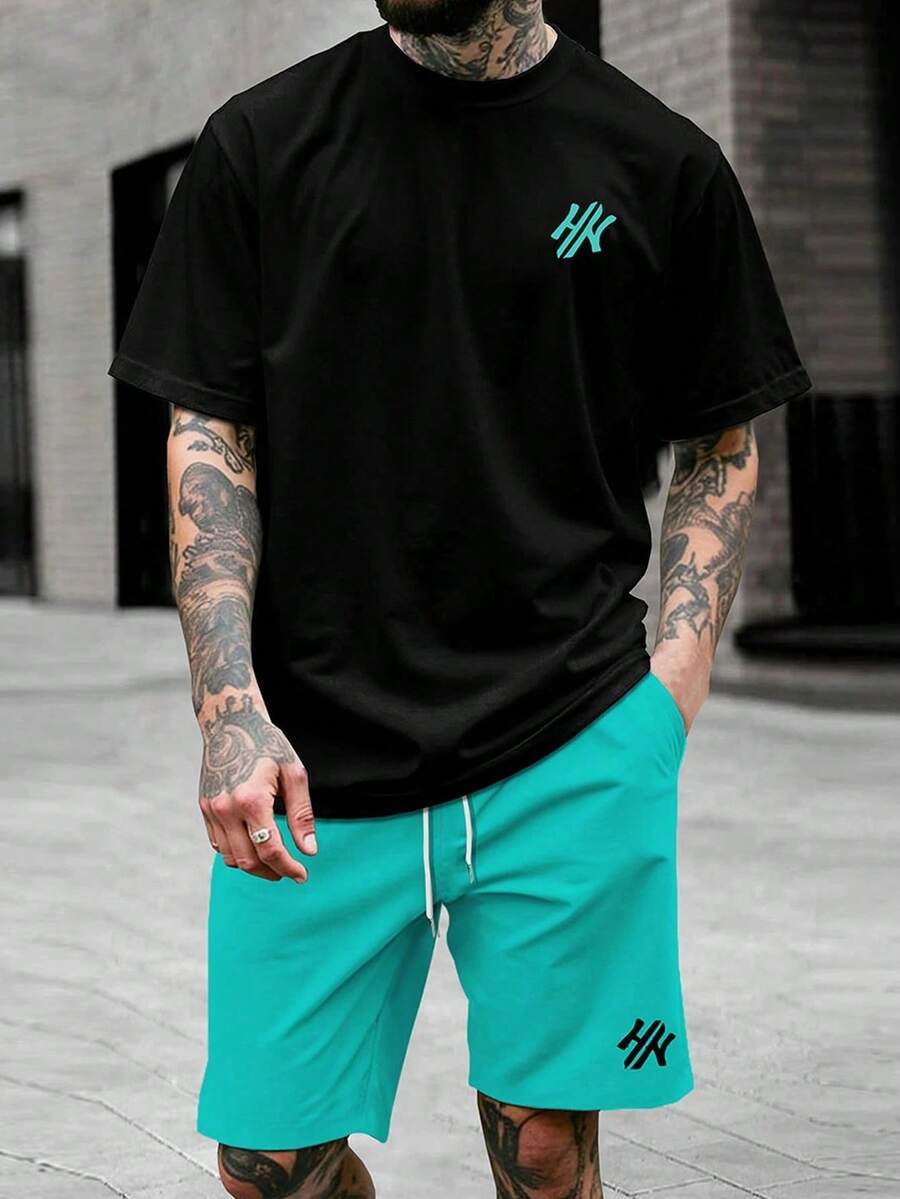 Homme Men's Summer Casual Print Round Neck Short Sleeve T-Shirt Men Summer Outfits Men Summer Clothes Men T Shirt - 黑頂 - 查看 1