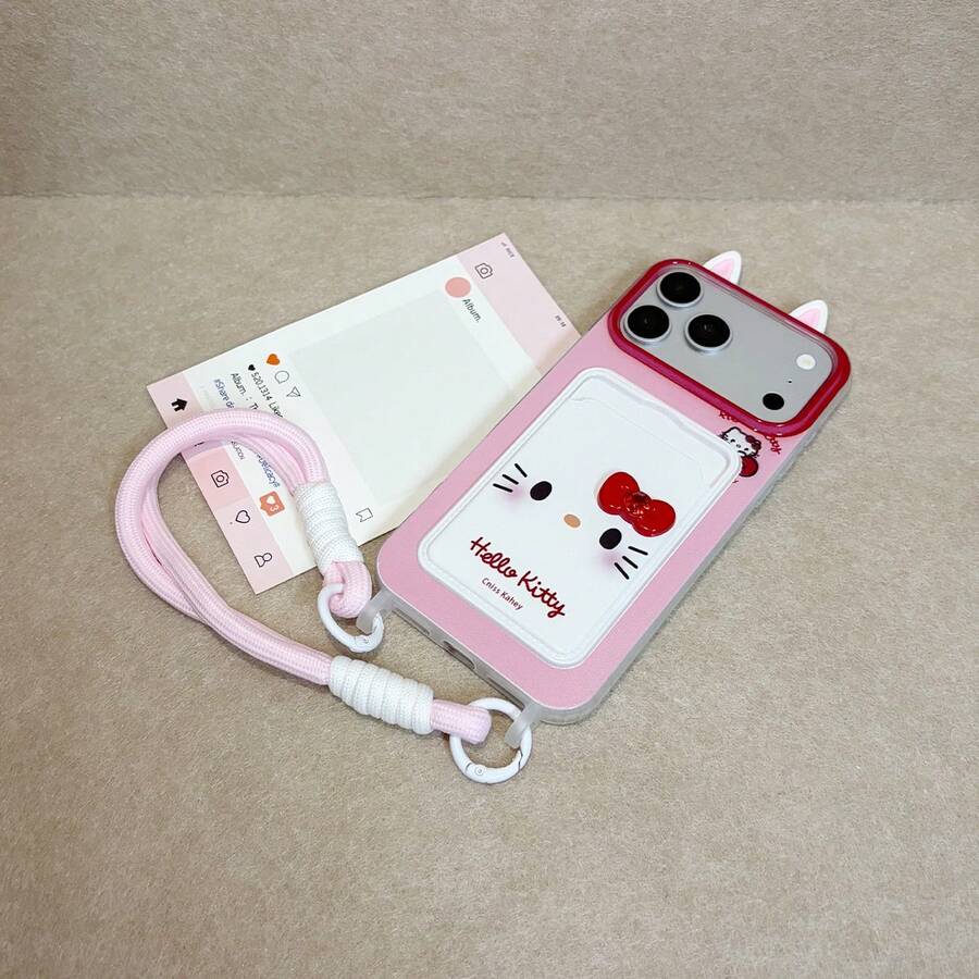 SANRIO Bộ 1 ốp điện thoại Hello Kitty màu hồng tai mèo độc đáo, sang trọng, dễ thương + ví đựng thẻ hình mèo + dây đeo, thiết kế nơ 3D, chất liệu chống nước và chống sốc, phù hợp với Apple dòng 17, 11/12/12 Pro, 13/14/15, 13 Pro/14 Pro/15 Pro, 12 Pro Max/13 Pro Max/14 Pro Max/15 Pro Max, 16, 16 Pro, 16 Pro Max, 17, 17 Pro, 17 Pro Max, thích hợp cho Ramadan, Ngày Valentine, Ngày của Mẹ, Lễ hội Thuyền Rồng, Lễ hội nước, Eid Al-Adha, Quà tặng ngày lễ, Quà tặng tốt nhất. - Hồng - Xem 1