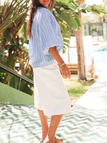 Blusa casual y holgada de mujer con rayas, camisa de lino con cuello barco y mangas 3/4 abullonadas, adecuada para usar en vacaciones de verano - Azul - Ver 5