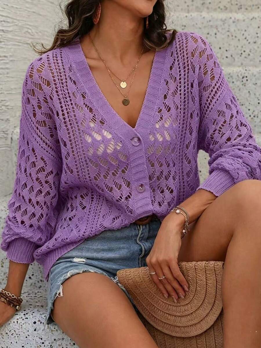 Women's Lightweight Purple V-Neck Cardigan, Fashionable Button Front Hollow Knit Sweater, Suitable For Spring/Summer, Casual, Beach - Mauve Purple - View 1