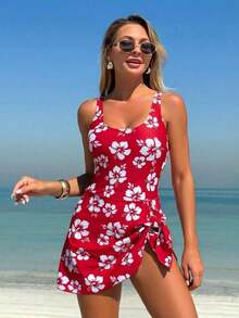Swim Lushoire Traje de baño de una pieza con estampado floral y nudo, adecuado para vacaciones - Multicolor - Ver 5