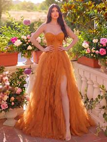 Faeriesty Đầm dài dự tiệc sang trọng, lãng mạn, không tay, chất liệu lưới, dành cho nữ, kiểu dáng cúp ngực, xẻ tà, dài đến mắt cá chân, thích hợp cho đám cưới hoặc tiệc tùng. - màu nâu - Xem 4