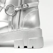 ElegaStep Punk  Goth  Y2K    Lace Up    Combat Boots  Party    Chunky Heel  Steampunk  Harness Motorcycle Biker Boots  Mid Calf  Lug Sole  Side Zipper - Bạc - Xem 9