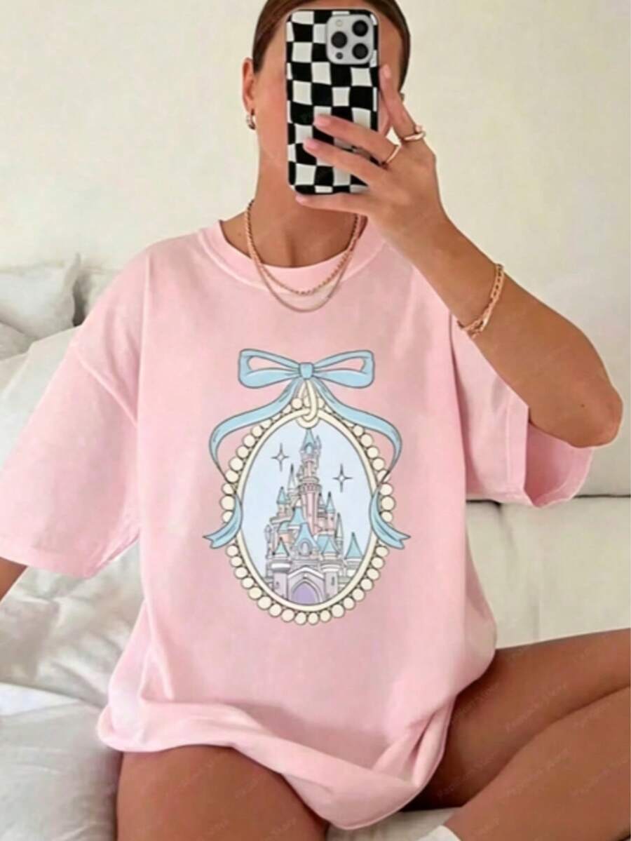 1pcs100% Cotton Comfortable Color Main Castle T-Shirt |   Magic Kingdom Retro Tops, Family Vacation, Print Pattern, All-Season, Regular Fit100Cotton - 粉色 - 查看 1