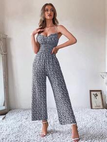 Mono Mujer Azul Marino Premium Estampado Floral Blanco, Tirantes Finos Con Escote Corazón, Cintura Fruncida Con Cordón Delantero, Pierna Ancha Larga, Tejido Transpirable Suave Cómodo, Estilo Chic Bohemio Casual Ideal Para Vacaciones Playa Diarios, Combinaciones Con Sandalias Modernas - Azul y blanco - Ver 3