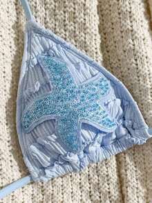 Nuevo conjunto de 2 piezas de traje de baño de verano para mujer con pantalón de pierna recta, top halter con estampado de tela texturizada multicolor con decoración de estrellas de mar, para vacaciones en la playa - Azul - Ver 3