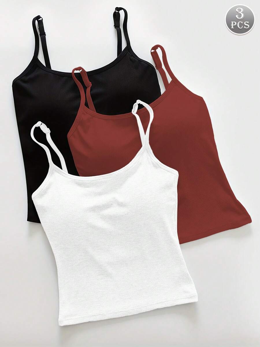 3pcs Solid Color Ribbed Camisole With Chest Pad, Thin Casual Midriff-Baring Tank Top For Women, Workout - Multicolor - View 1