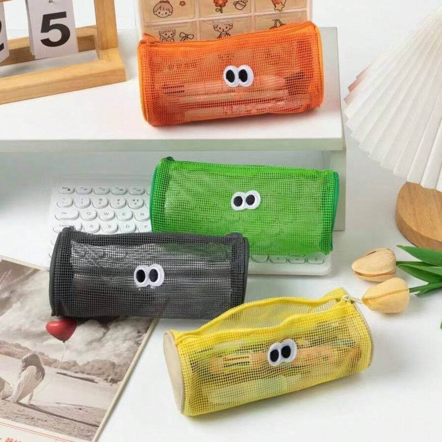 1pc Fashion Minimalist Design Beaded Eye Mesh Pencil Case, Cute Big Eye Stationery Pouch Portable Pen Holder - Multicolor - View 1