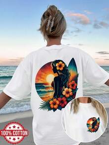 Women's Double-Sided Print T-Shirts, Vintage Style, Surfboard Pattern, Hibiscus Flower, Sunset, Ocean Waves, Pure, , Casual, Loose Fit, Short Sleeves, Round Neck, Oversized Women's T-Shirts. - White - View 7
