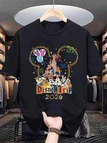 Disney Man Castle In 2026, Mickey, Minnie, Donald Duck, Daisy, Balloons, Fireworks, Men's And Women's Patterned T-Shirts, 220g Cotton. Paradise Dream Tour Short Sleeves, Casual And Comfortable Fit, Perfect Gift For Teenagers And Father's Day, Shirt - 黑色 - 查看 1
