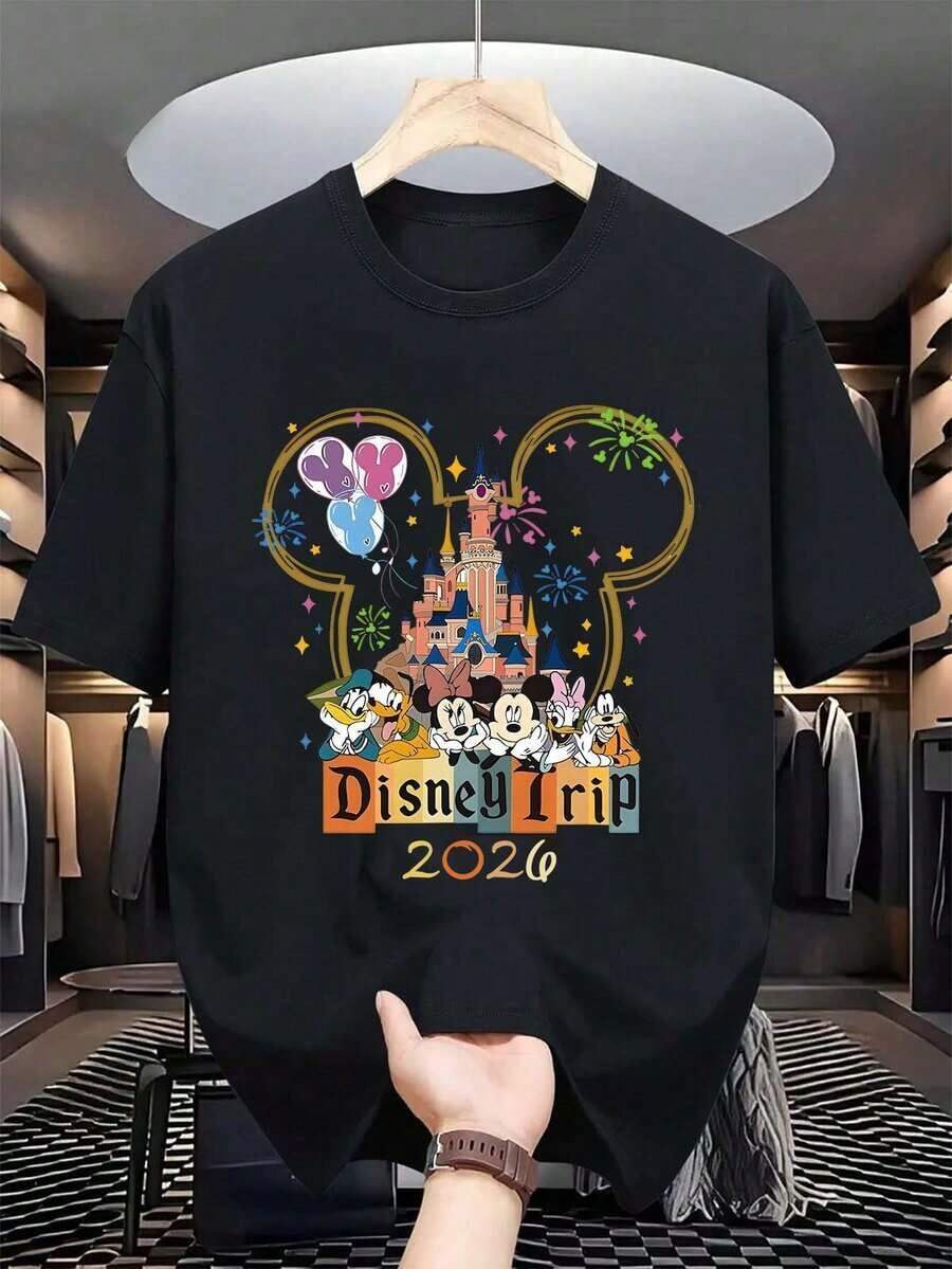 Disney Man Castle In 2026, Mickey, Minnie, Donald Duck, Daisy, Balloons, Fireworks, Men's And Women's Patterned T-Shirts, 220g Cotton. Paradise Dream Tour Short Sleeves, Casual And Comfortable Fit, Perfect Gift For Teenagers And Father's Day, Shirt - 黑色 - 查看 1