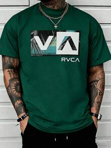 Ropa De HombreTropical Palm Silhouette Merging With Ocean Horizon For A Relaxed Coastal Vibe Men's 100% Cotton RVCA Logo TshirtLoose And Comfortablegraphic Tees Manfinity Hombre - 墨綠色 - 查看 6