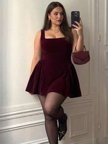 Voworia Plus Size Elegant French Romantic Daily, Date Night, Holiday, Formal Dinner Christmas Party Velvet Retro Backless Waist Fit & Flare Mini Dress Summer - Burgundy - View 2