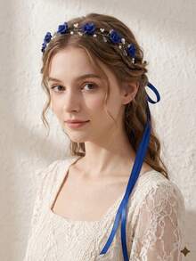 1pc Handmade Crystal Rose Flower Leaf Wreath Headband, Bridal Wedding Bridesmaid Beach Holiday Headpiece,Summer - Pink - View 11