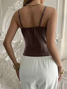 Áo croptop không tay ôm sát, cổ vuông, màu nâu giả lanh dành cho nữ của Look Polly, thích hợp mặc mùa hè. - màu nâu - Xem 2