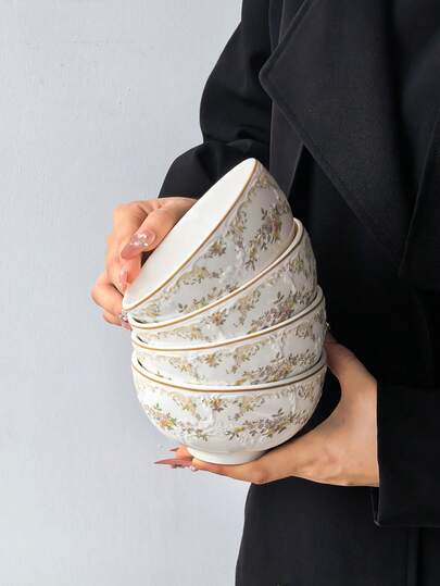 1 szt./2 szt./4 szt. Wiosenne spotkanie – ceramiczna miska, minimalistyczna, tłoczona, ręcznie robiona, ceramiczna miska obiadowa w stylu vintage, duża pojemność miski na ryż, odpowiednia do przyjmowania gości, bankietów i różnych okazji, zmywarka