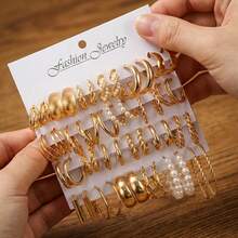 12/48pcs Elegant & Exquisite Gold Tone Earring Set, Unique Geometric Twisted Pearl Design, Versatile Fashion Accessory, Sweet Gift For Female Friends - Gold - View 11