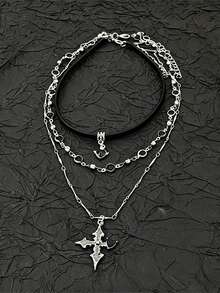 Edgy Chic Black Cross Pendant Necklace, Multi-Layer Chain Choker Necklace, Delicate Collarbone Chain - Black - View 7