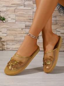 Sandal Datar Emas, Sandal Kulit Tanpa Bagian Belakang dengan Jaring Besar Gaya Eropa dan Amerika, Sepatu Musim Panas, Elegan, Sandal, Renda - Emas - View 6