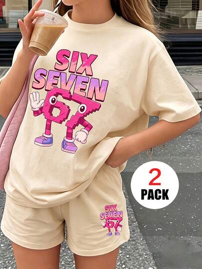 Bộ 2 món dành cho bé gái tuổi teen, họa tiết kem tan chảy màu hồng ngọt ngào/hình hoạt hình "67", chất liệu vải thoáng khí thoải mái, thích hợp cho đi học/hoạt động ngoài trời, trang phục thời trang cho các bạn nữ tuổi teen.