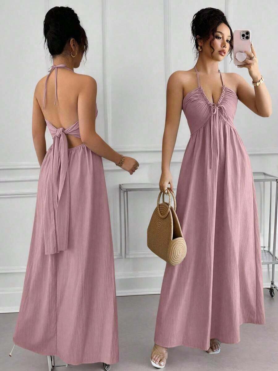 Vestido línea A con escote halter, cordones y espalda descubierta - Rosa - Ver 1