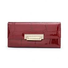 Long Genuine Leather Wallet Women, Patent Leather With Stone Pattern And Clasp Clutch Bag - Black - View 3