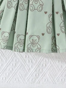 2 pezzi/Set Outfit stile dolce per bambine, Top a costine lavorato a maglia con decorazione a fiocco e stampa a cuore + Gonna plissettata in tessuto, Maniche a palloncino, Gonna plissettata a-line, Estate - Verde - Visualizzare 10