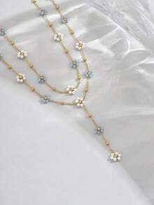 2pcs/Set Cute Blue & White Floral Pendant Necklaces, Stainless Steel Women's Choker And Y-Necklace, Pearl Crystal Flower Design Necklaces, Suitable For Women's Daily, Party Or Summer Beach Wear, Perfect Gift - 金子 - 查看 2