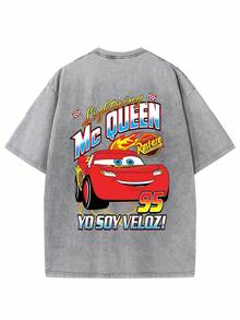 Disney Men's Summer Vintage Washed Cotton Crew Neck Short Sleeve T-Shirt-Disney Vintage Washed Made Old Cars Lightning McQueen Pattern Crew Neck  Cotton Short Sleeve T-Shirt, Vintage  Fashion Made Old T-Shirt, Disney Elements Street Style 2 - 灰色 - 查看 2