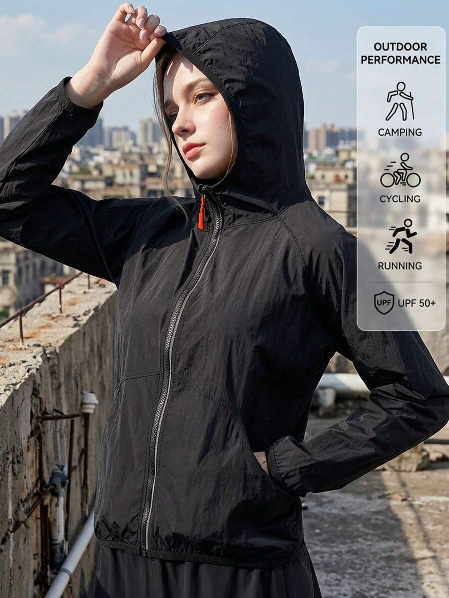 Women's Lightweight Hooded Jacket, Full Zip Breathable Windbreaker Suitable For Camping, Cycling, Running - Black - View 1