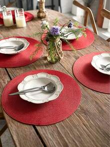 15-Inch Red PP Handwoven Placemat, Round Woven Dining Table Mat, Heat-Resistant Pad, Decorative Mat, Best Seller, Multi-Color Options, Tablecloth, Wrinkle-Resistant Dining Table Mat, Suitable For Birthday, Christmas, Housewarming, Celebration Banquet, Holiday Party, Family Gathering And Other Occasions - Red - View 2