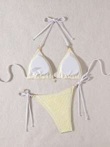 Traje de Verano para Mujer, Bikini Triangular con Tela Calada Decorado con Conchas Azules y Perlas - Amarillo - Ver 2