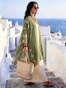 1 chiếc Kimono/Sarong phong cách Bohemian thêu hoa trang nhã, khăn choàng cardigan nhẹ, đa năng, thích hợp mặc đi biển, chống nắng, phụ kiện thời trang, phù hợp mặc hàng ngày và làm quà tặng, đồ dùng cần thiết khi đi nghỉ mát, du lịch. - màu xanh lá - Xem 4