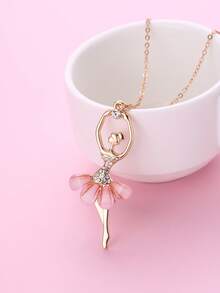 1pc Zinc Alloy Ballet Dancing Girl Pendant Necklace For Little Girls, Pink Resin Inlayed Rhinestone Pendant, Size: 6x2cm; Suitable For 7-14 Years Old Girls For Daily Use - Multicolor - View 5