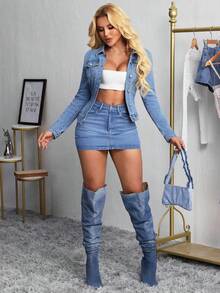 Women's Autumn SingleBreasted Waist Drawstring Casual Denim Jacket - Giặt nhẹ - Xem 11