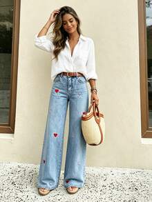 Quần jeans nữ dáng nhỏ nhắn, chất liệu vải wash, thêu họa tiết bông tuyết và trái tim, tôn dáng và đa năng, phù hợp cho phái nữ nhỏ nhắn, thích hợp mặc đi làm hàng ngày hoặc đi chơi dạo phố mùa xuân. - màu xanh da trời - Xem 2