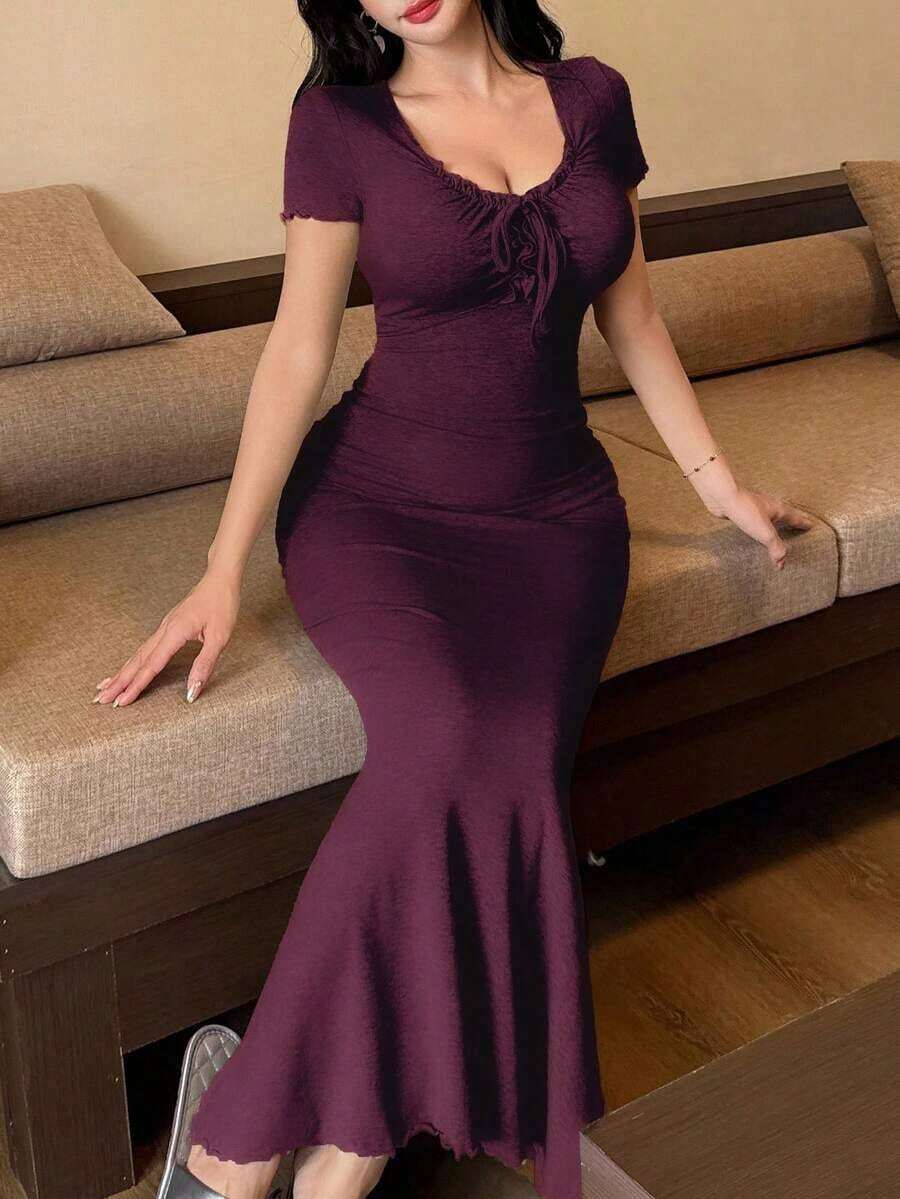 Vestido de verano de manga corta, ajustado y con cuello con volantes y lazo para mujeres - Burdeos - Ver 1