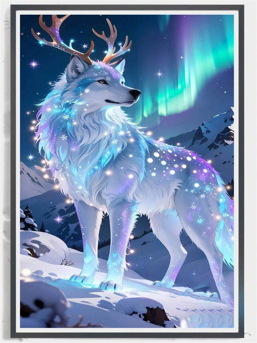 1件套钻石画套装，适合成人和初学者，精美极光雪狼图案，全钻刺绣手工艺术品，家居办公室墙面装饰