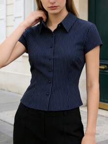 Áo sơ mi cổ bẻ tay ngắn kẻ sọc dành cho nữ - Màu xanh lam - Xem 3