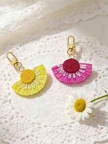 Summer Boho Raffia Daisy Keychain, Handwoven Tassel Bag Charm, Colorful Fan-Shaped Key Ring With Gold Clasp, Beach Style Accessory For Women, Cute Woven Flower Key Holder For Handbags & Backpacks, Lightweight, Durable & Reusable, Multi-Color Options, Perfect For Vacation, Daily Use & Gifting - Multicolor - View 3