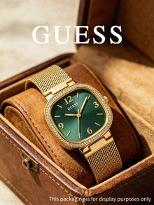 GUESS Women's Watch, Elegant Gold & Green Tone Luminous Luxury Mila Cushion-Shaped Crystal-Embellished Glowing Hands, Premium Gold Mesh Strap, Skin-Friendly, Suitable For Formal Occasions, Social Events, Anniversary, Office, Goddess, Sparkling Appearance, High-End Birthday Gift, Water Resistant - GW0354L5 - Green - View 2