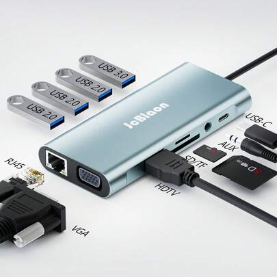 JcBlaon 11-in-1 USB-C Kamera Hub, mit 4K HDTV Laptop Dockingstation, schneller PD Gigabit RJ45 Ethernet Anschluss, Multi-Port Adapter, AUX/TF/SD Slots - Hochgeschwindigkeits-Adapter für Laptops, Kameras, Computer und andere USB-C Geräte