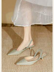 Zapatos de mujer de punta fina y tacón bajo, transpirables, bombas de tacón de gatito con correa de tobillo, sandalias de punta cerrada - verde pálido - Ver 2