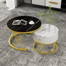 Elegant Modular Coffee Table: Marble Look, Gold Decoration, Side Table With Drawers – Set Of 2 - Black - View 6