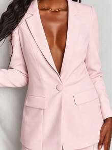 Plus Size Women Business Suit Set - Single Button Lapel NeckBlazer And Pants - Baby Pink - View 4