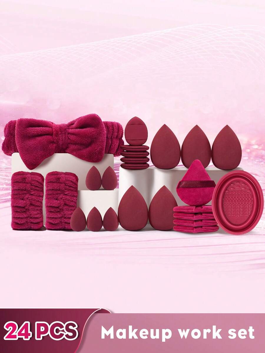 Bộ dụng cụ trang điểm 24 món bao gồm: 2 dây đeo bát đựng phấn + 1 băng đô cài tóc + 5 bông phấn mini + 5 mút trang điểm + 5 bông phấn tam giác + 1 dụng cụ vệ sinh cọ trang điểm + 5 mút trang điểm mini - Nhiều màu - Xem 1