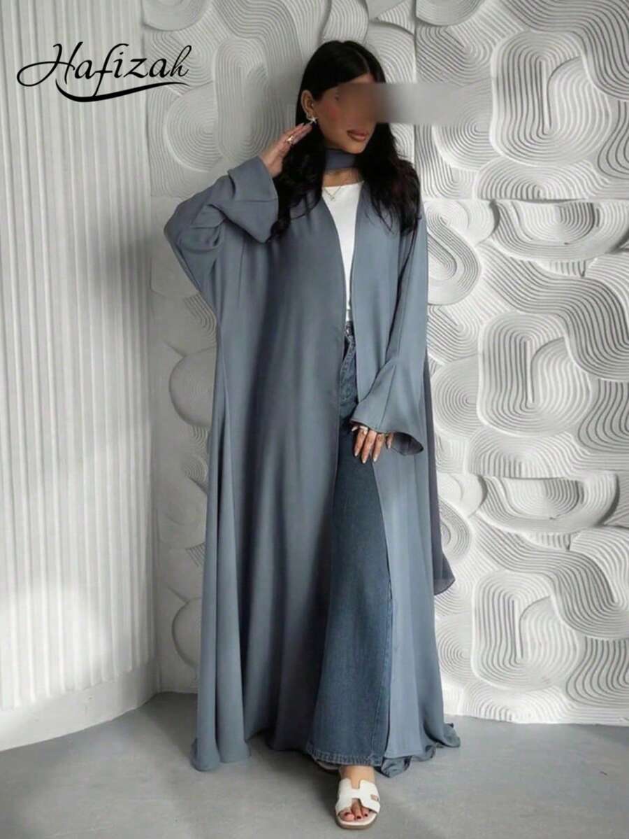 Hafizah 女款簡約優雅垂墜緞面長版開襟外套 Abaya 外套 - 灰色 - 查看 1