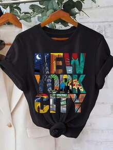 Camiseta de orientación urbana de la ciudad de Nueva York - Camiseta casual de manga corta con cuello redondo, con el horizonte de Nueva York y mapa geométrico, lavable a máquina - Camiseta de navegación urbana - Negro - Ver 1