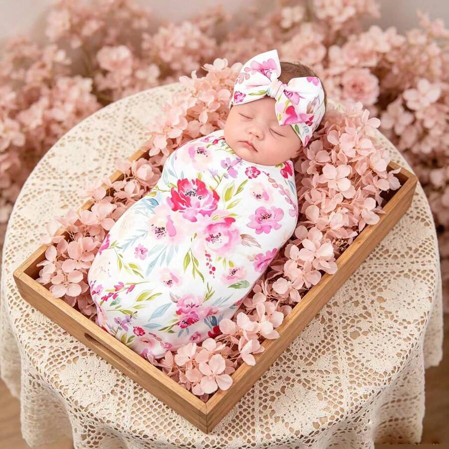 Receiving Blanket Headband Set Flower Print Baby Swaddle Blankets 0-3 Month - White - View 1